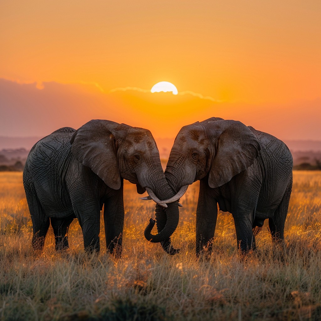 Elephants holding trunks at sunset